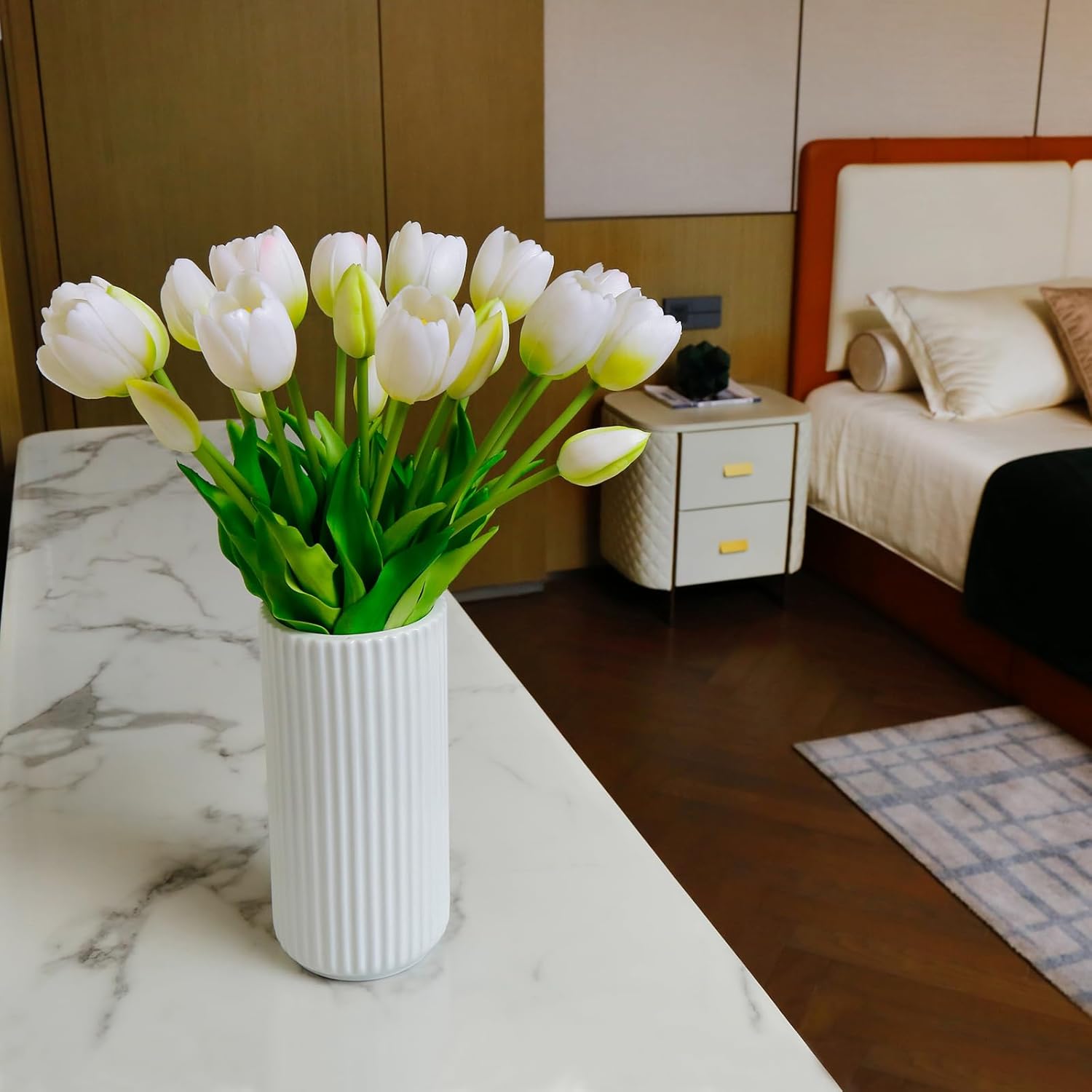 4 Budles (20Pcs) White Tulips Artificial Flowers 13" Latex Fake Flowers for Wedding Home Decor(White)