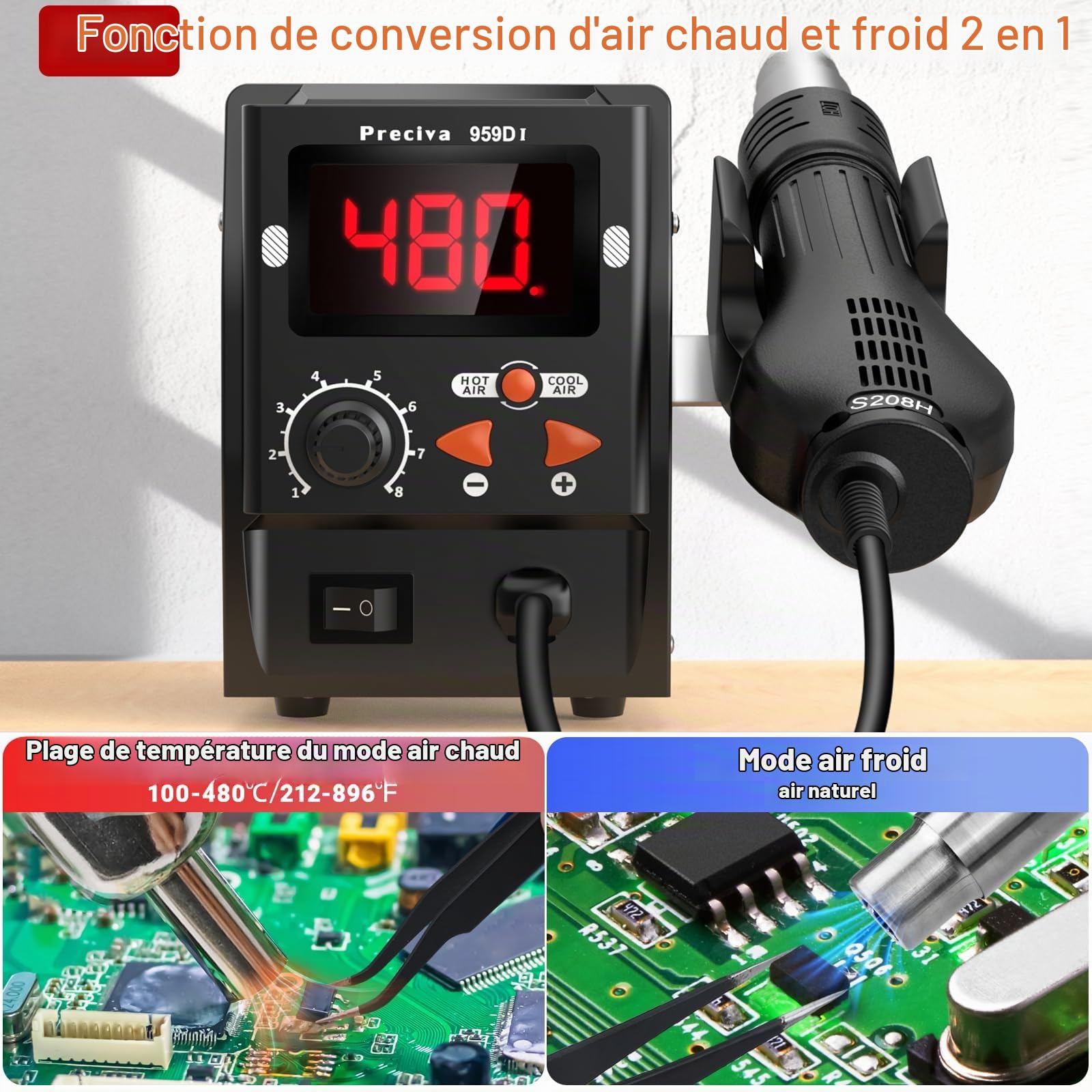 959D-I Station de Dessoudage à Air Chaud 700W pour Soudure et Desoudeur SMD, Stations de Debrasage avec Écran LCD, Température et Volume D'air Réglable, Pistolet Airs Chauds pour Fondre L'étain