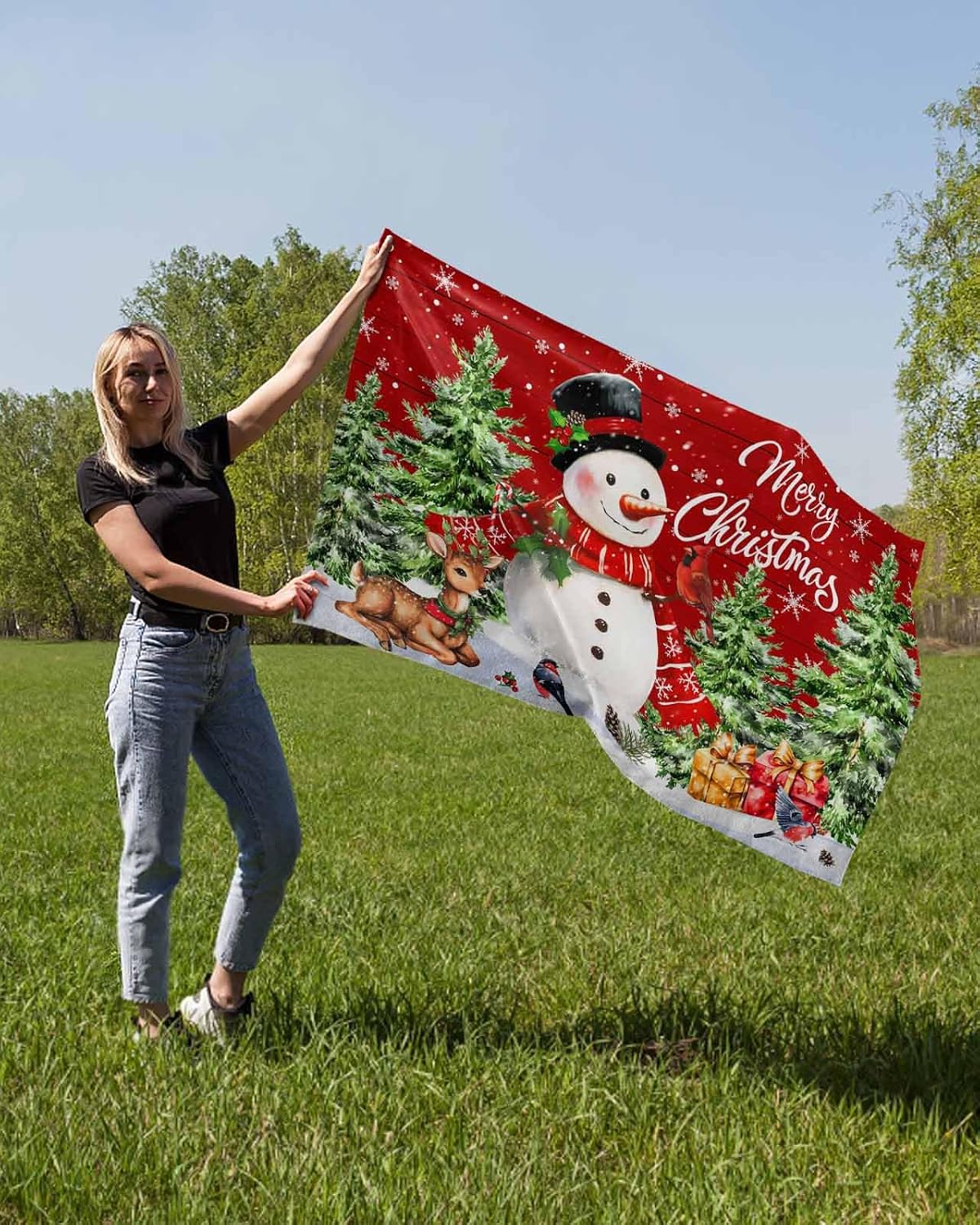 Christmas Flags for Outside 4x6 ft Red Christmas Snowman Xmas Tree Bird Elk Wood Texture Pattern Double Sided Waterproof Flag Grommets Banner Flags for Porch Yard Garden Outdoor Decorations