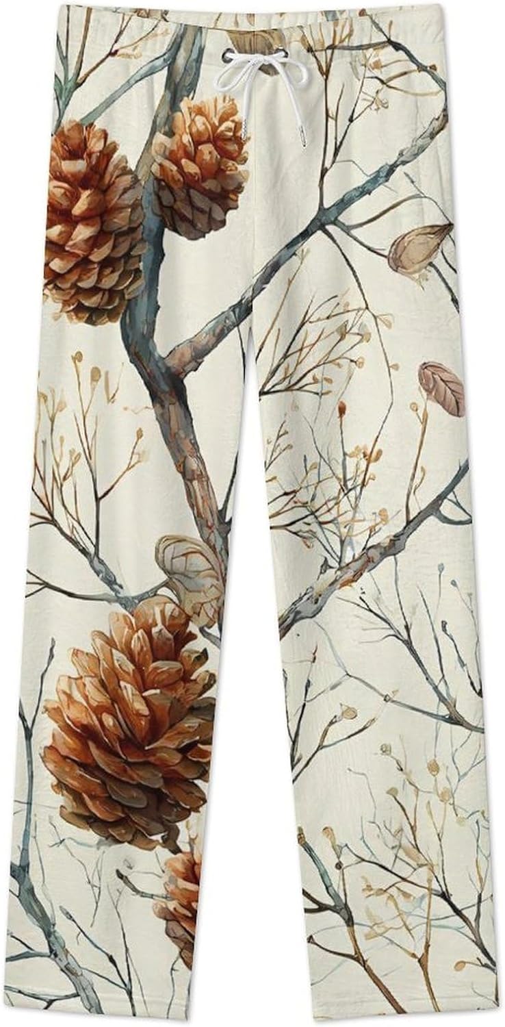 Pine Cones Winter Branches Women's Plush Pajama Pants Lounge Causal PJ Bottoms Print Sleep Pant