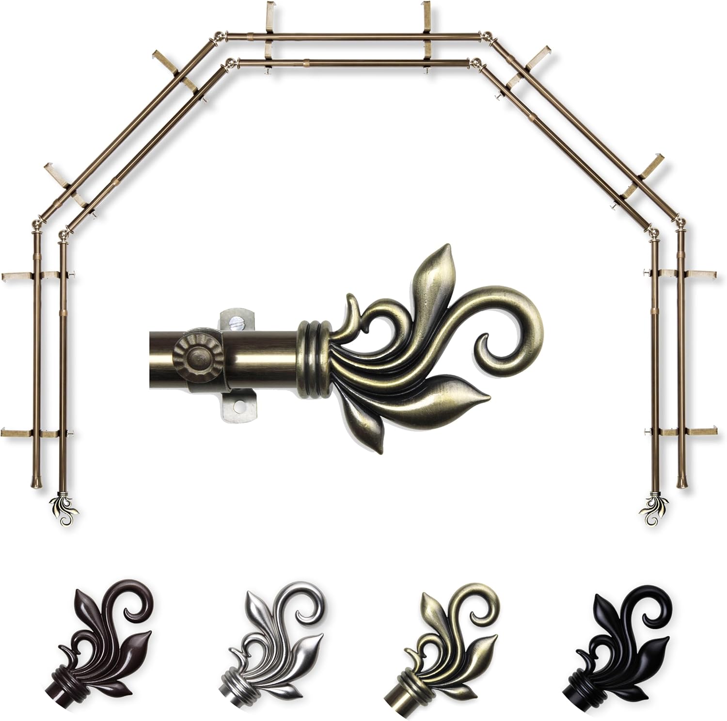 A&F Rod Décor - Quinn 13/16" 5-Sided Double Bay Window Curtain Rod - Cocoa