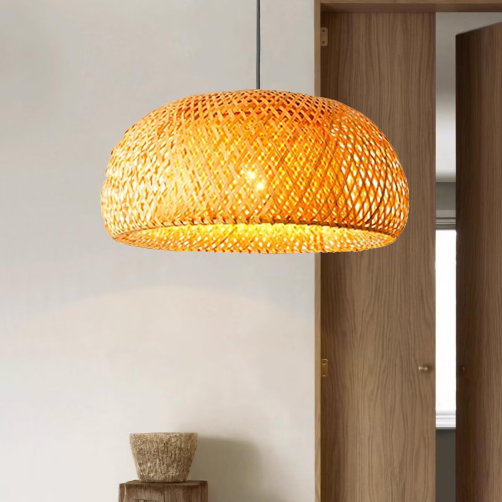 Hand-Woven Bamboo Pendant Light Double-Layer lampshade Bamboo-Woven Hollow Ceiling Light Chandelier Ceiling Lamp for Bar, Coffee, Dining Room, Hotel