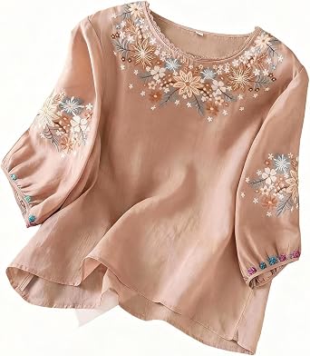 Womens Dressy Tops and Blouses Floral Embroidered Shirts 3 4 Puff Sleeve Loose Fit Business Casual Tunic for Ladies