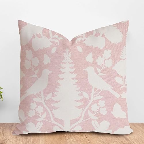 Cojín de cojín de flores de pájaro rosa y marfil, diseño chino botánico y pájaro, funda de almohada asiática escénica chic Chinoiserie para