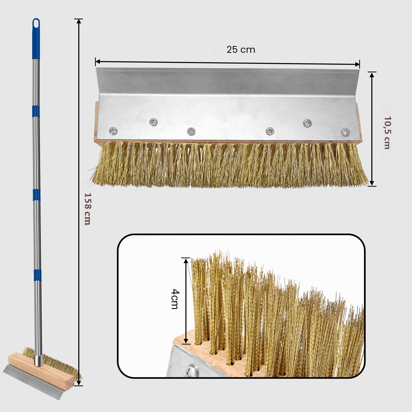 Brosse de Four à Pizza avec grattoir en Acier et Brosse en Laiton, pour Nettoyer Les Pierres à Pizza Chaudes, Longue poignée de 153 cm, Accessoires pour Four à Pizza, Ustensiles de Grill