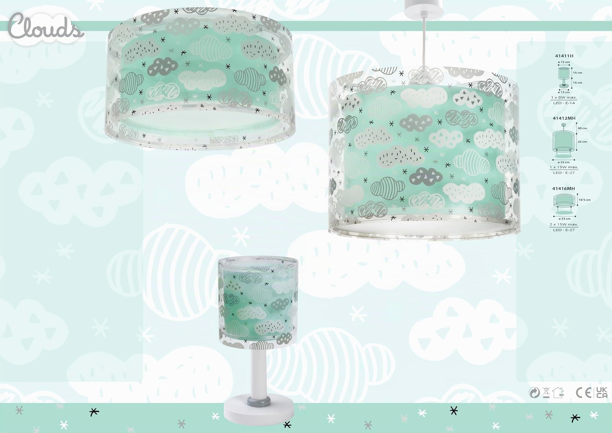 Dalber Lámpara Techo Colgante Infantil Clouds Nubes Verde Mint 41412MH E27 | Incluye difusor de luz inferior extraible; Habitación niños; lámparas infantiles