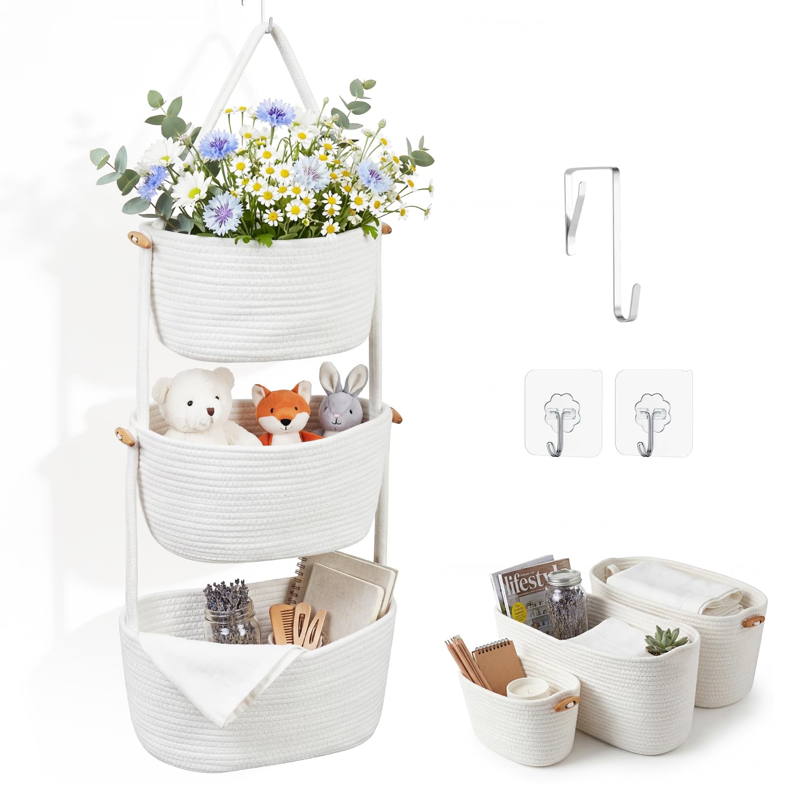 Panier suspendu à 3 niveaux en coton blanc pour rangement chambre d'enfant et porte