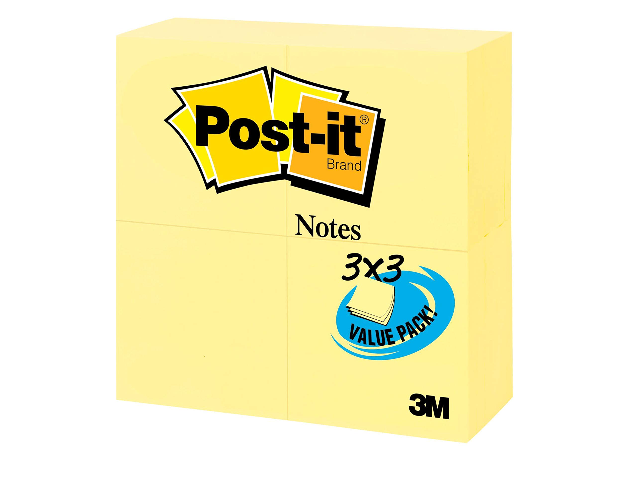 Post-itNotes 3x3 in, 24 Pads, America's’s #1 Favorite Sticky Notes, Canary Yellow, Clean Removal, Recyclable (654-24VAD-B)