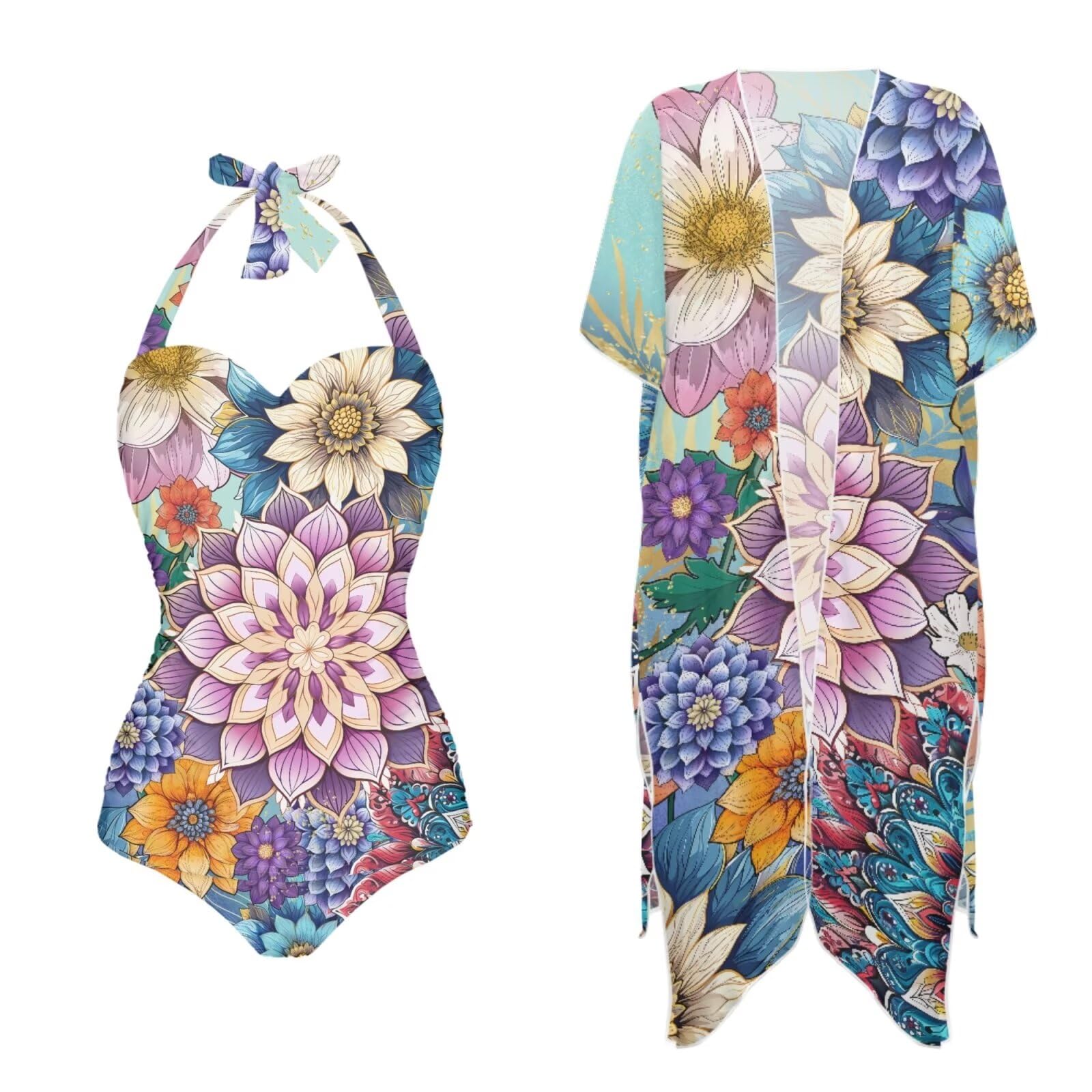 POLERO Vintage One Piece Swimsuit Women Tummy Control Bathing Suit Cover Ups Bikini Matching Set