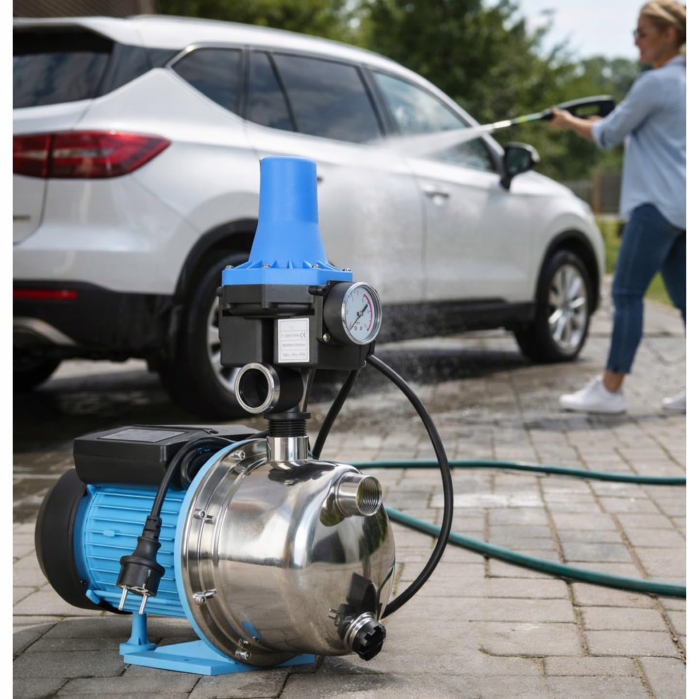Pompe de Jardin Professionnelle JX 1100 avec Pressostat CSK 31 - Pompe à Eau (1100 W, 3600 l/h, hauteur de Refoulement 50 m) - Pompe arrosage INOX - Commande de Pompe - Protection Fonctionnement à Sec
