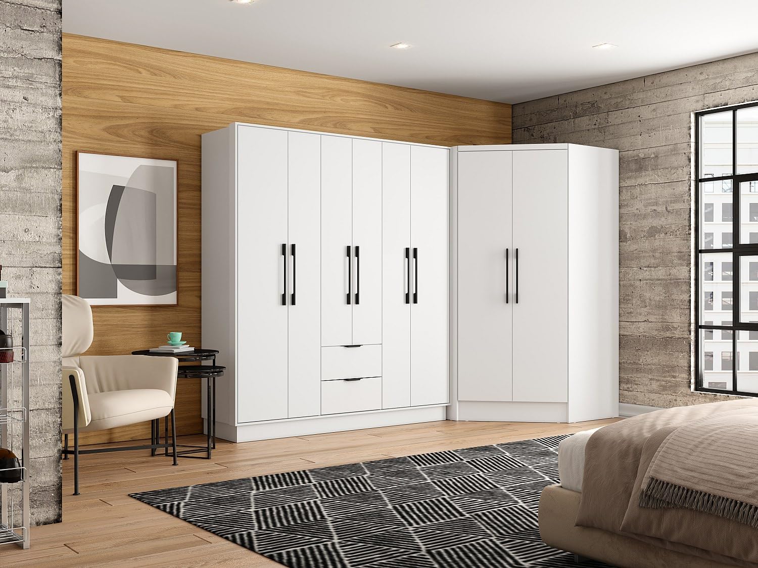 Vente-unique - Armadio angolare 8 ante e 2 cassetti L263 cm Bianco - FEOVA