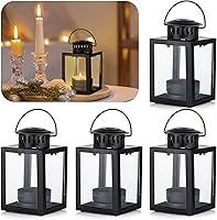 Staymoment 4-Pack Small Black Hanging Candle Lanterns - Glass Tea Light Holders for Outdoor Farmhouse Wedding Decor 3.9"