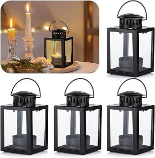Staymoment 4-Pack Small Black Hanging Candle Lanterns - Glass Tea Light Holders for Outdoor Farmhouse Wedding Decor 3.9"