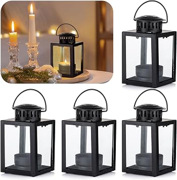 Small Candle Lanterns Decorative Outdoor 4 Pcs Black Hanging Tea Lights Candle Holder for Table Centerpiece Fireplace Wedding Christmas 3.9" Glass Farmhouse Decor