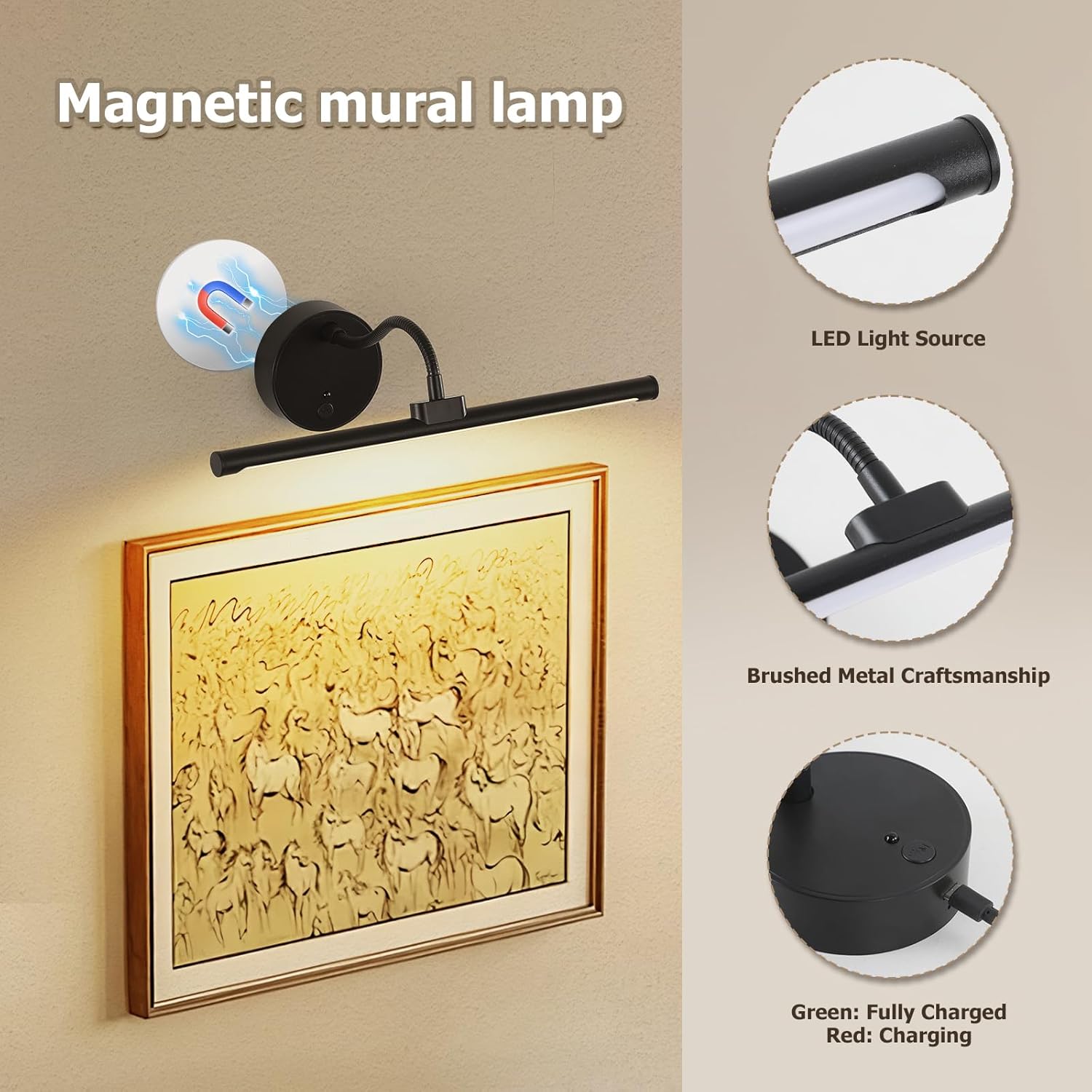 Picture Lights for Wall – Wireless Rechargeable LED Light with Remote, Adjustable Arm, Gold Battery Operated Display Lighting for Paintings, Bedroom, Gallery Wall Décor (Black, 12.6 inch - 2Pack)