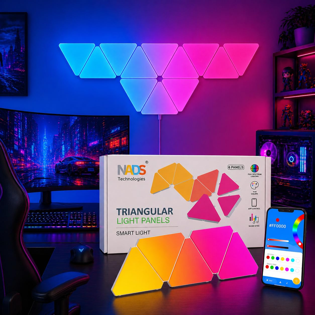 NADS Technologies Triangular Wall Light Panels, Smart RGBIC Lights for Gaming & Home Decor, 16 Million Colors, App Control, Music Sync (Pack of 6)-image-4