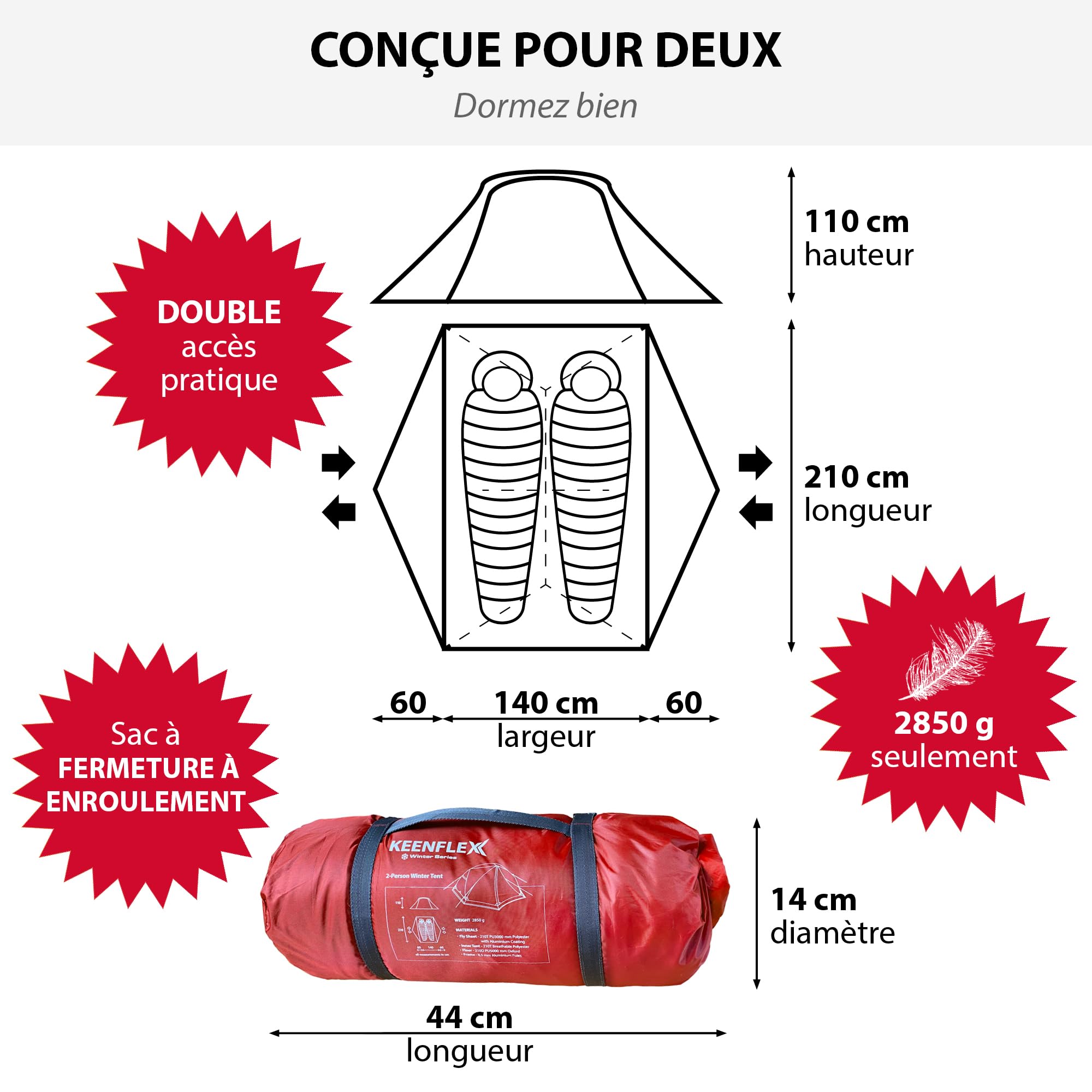 Tente de Camping Trekking ultralégère pour 2 Personnes 2300 g