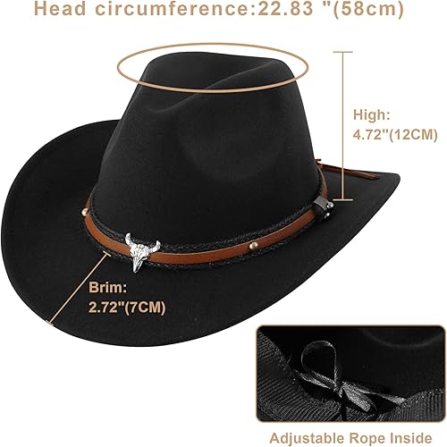 Miniatura 4 de DOCILA Sombrero de vaquero occidental unisex de piel sintética de fieltro americano, sombrero de ala ancha para exteriores con correa