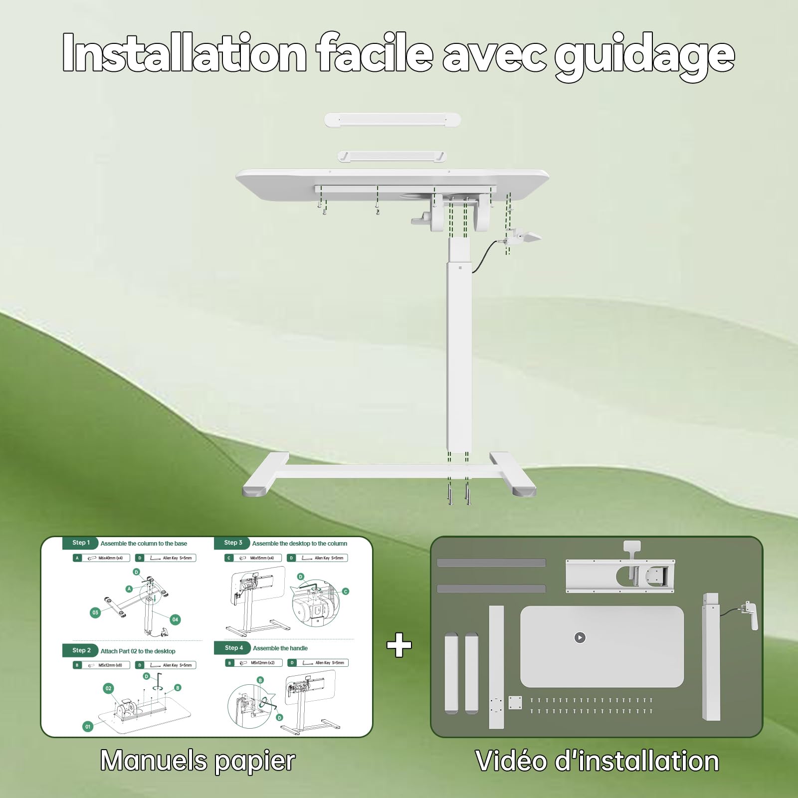 Gibbon Mounts Bureau Assis-Debout Hauteur réglable, Table Chevet INCL. 180° | Chariot mobile pliable blanc, 80x40cm plateau inclinable des deux côtés du lit. Base fine 3cm, 2 types de roues remplaçables