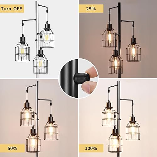 Miniatura 2 de Sucolite Lámpara de pie regulable de 69 pulgadas para sala de estar, lámpara de pie industrial de árbol de 3 luces, color negro con jaulas, lámpara