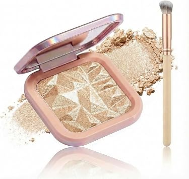 Powder Highlighter, Warm Beige Gold Shimmer Compact with Make-Up Brush | Faceted pressed surface, hinged translucent pink case, controlled application for daily cheekbone accents or evening eyelids