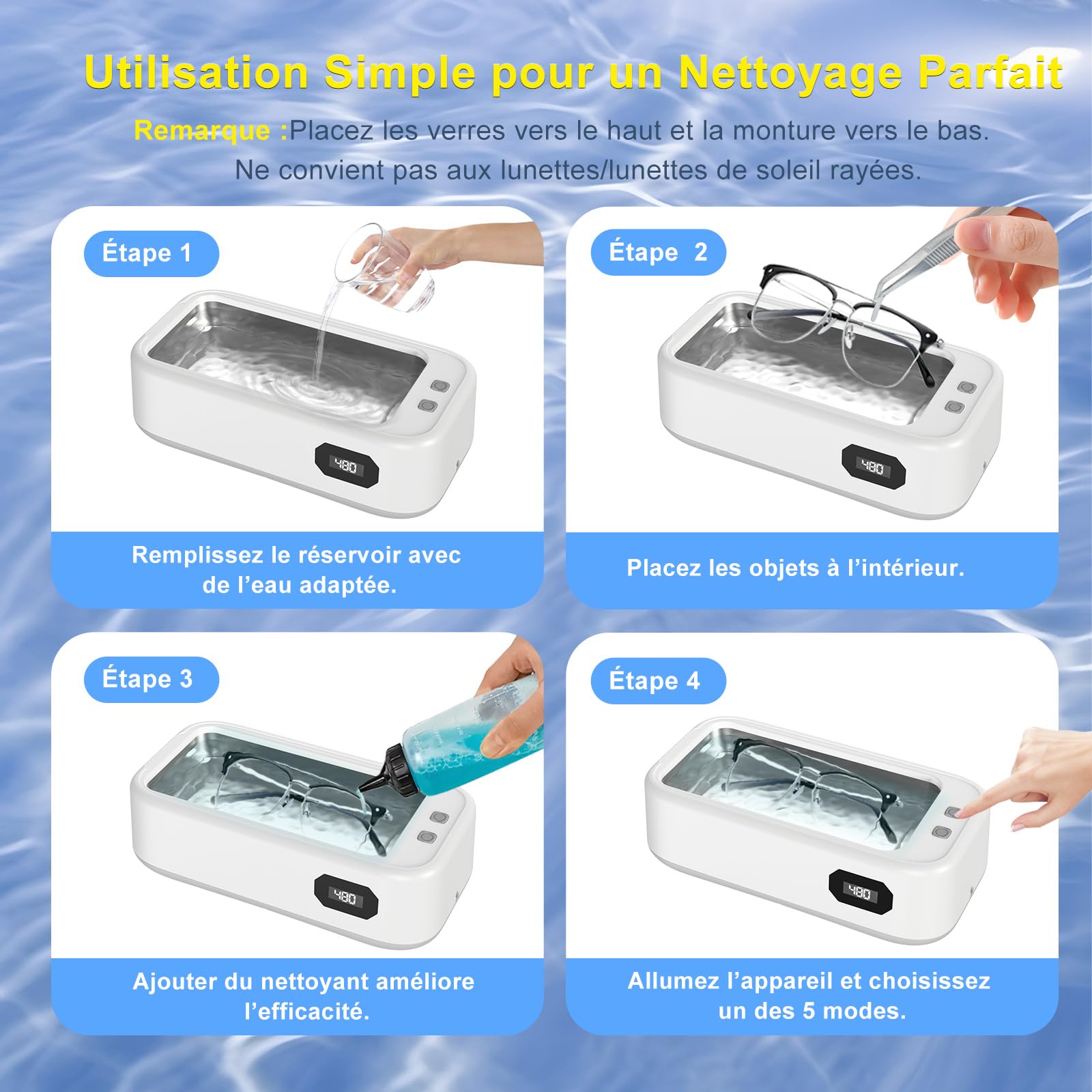 Nettoyeur Ultrasons, 640ml Bac a Ultrason, 49000Hz ultrasonic cleaner avec Écran Numérique, 5 Modes de Nettoyeur Ultrason Bijoux pour Lunettes, Dentiers, Montres, Collier, Monnaie (Bleu) (White)