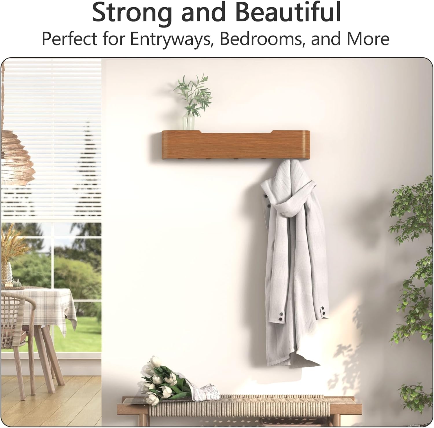 Coat Rack Wall Mount with Hidden Hooks Modern Key Holder Wood Entryway Hook with Shelf for Bedroom Kitchen Hallway Bathroom Designed for Hanging Coats Hats Bags Towel Dog Leashe(Walnut,5 Hooks)