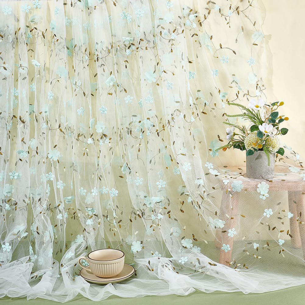 NBEADS 6 Yards Embroidered Flower Fabric, 1.3m Wide Mesh Embroidered Lace Trim Fiber Embroidery Tulle Fabric Soft Mesh Lace Material for Dress DIY Crafts Curtain Home Vintage Decor, Light Green