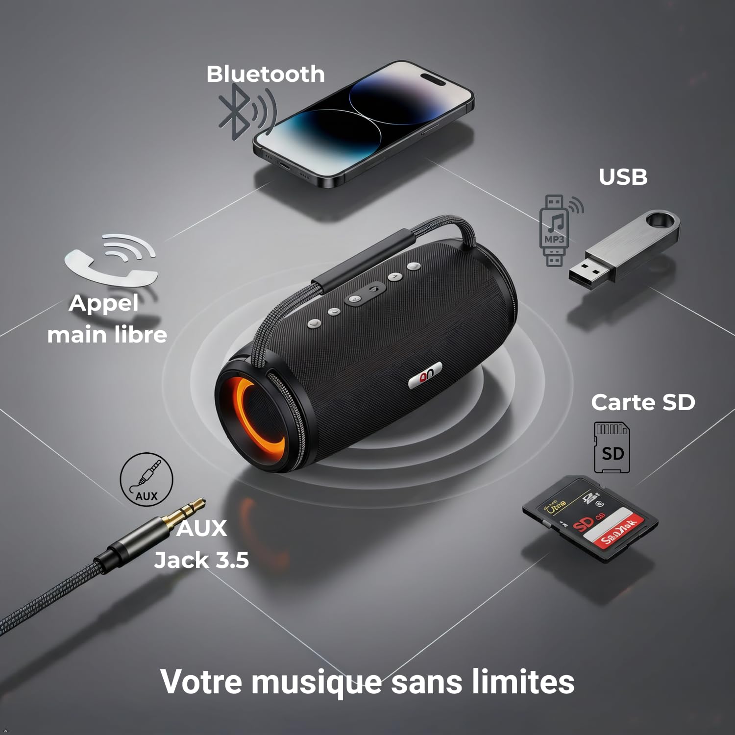 on ON09 – Enceinte Bluetooth Portable Puissante – Basses Profondes – Enceinte Nomade Intérieur Extérieur – USB, Carte SD, AUX – Power Bank – TWS – Lumières RGB – IPX5 – Poignée Cordage Marin
