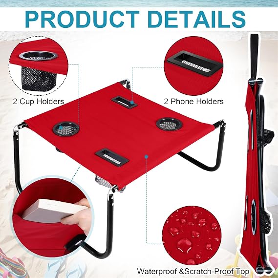 Portable Beach Table Foldable Pockets, Red, Solid Pattern