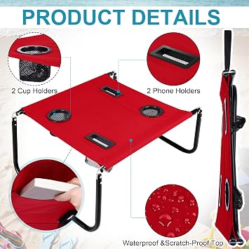 Portable Beach Table Foldable Pockets, Red, Solid Pattern