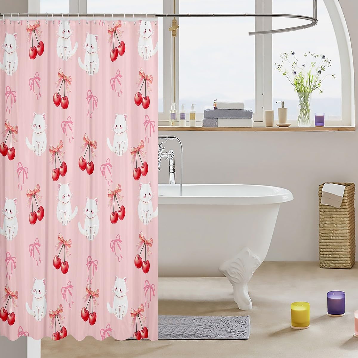 Feelyou Pink Girls Bow Shower Curtain 72"x84" Cute Cat Bath Curtain for Boys Teens Decor Kawaii Cherry Print Bathroom Shower Curtain Set Cute Bowknot Kids Bathroom Accessories