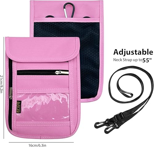 Miniatura 3 de Bolsa de viaje con bloqueo RFID para el cuello y soporte para pasaporte, bolsa de viaje para el cuello para mujeres y hombres, Rosado