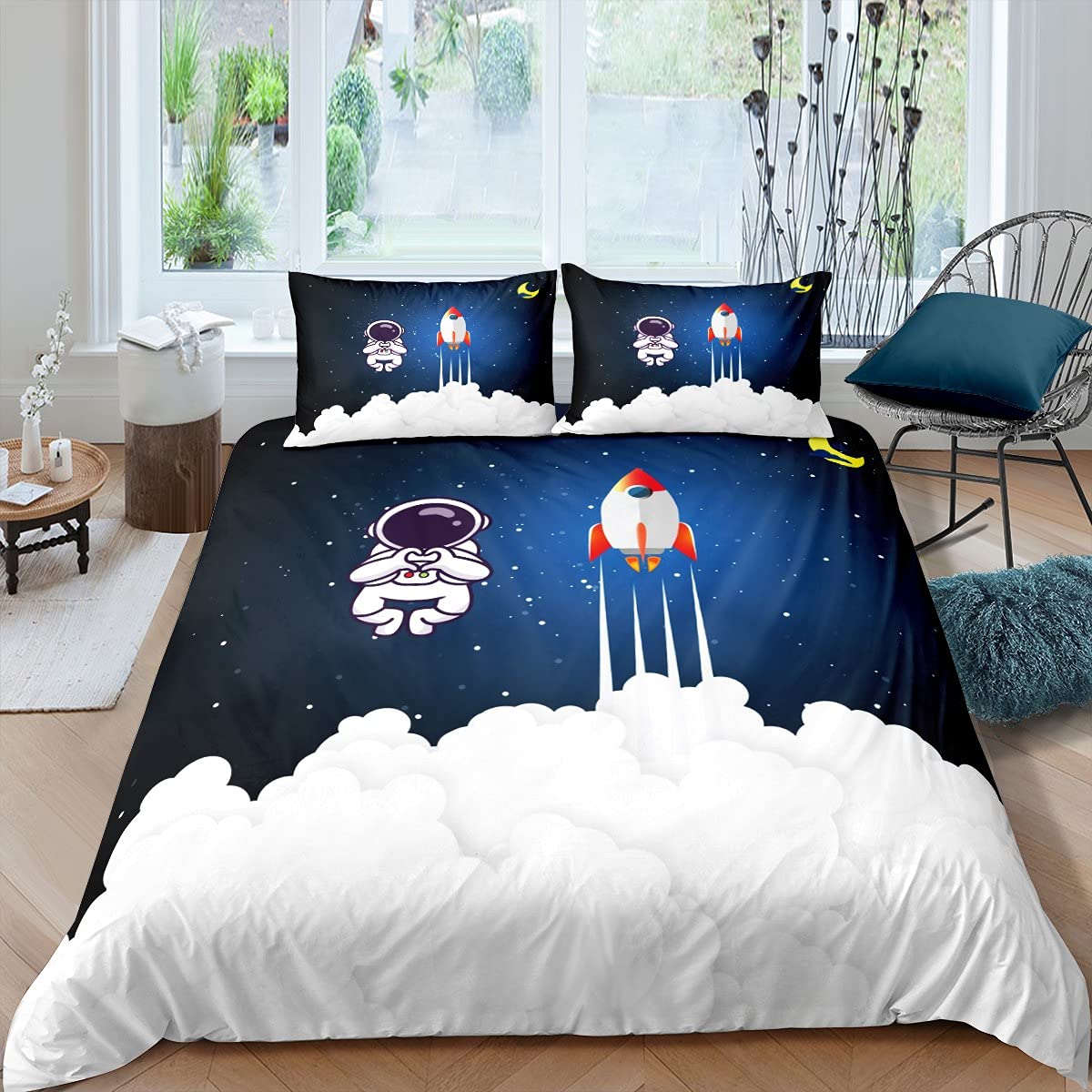 Juego de funda de edredón para niños con cohete de astronauta y cohete espacial, funda de edredón para niños, niñas, adolescentes, espacio exterior, aventura, ropa de cama y lino tamaño King