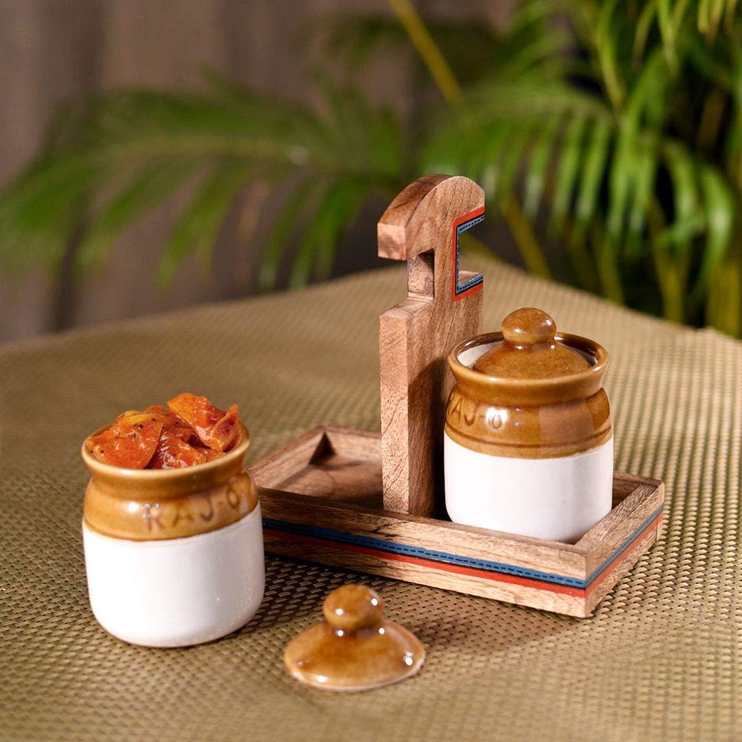 Handmade Ceramic Pickle Jar Set With Lid, Cookie Jar, Dining Table Set, Made In India 300Ml (Set Of2), Multicolor, Brown