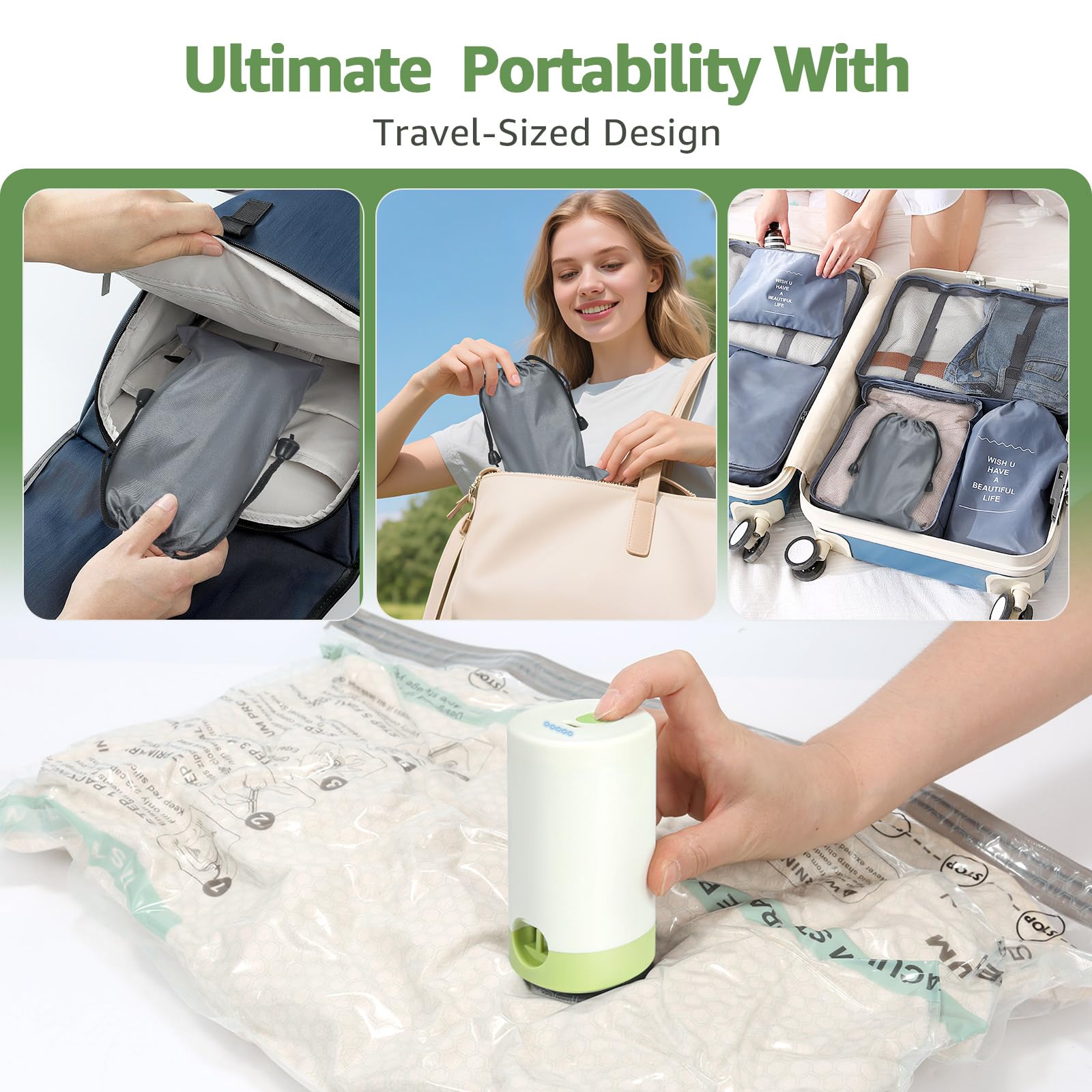 Vakuumbeutel für Reisen mit wiederaufladbarer Luftpumpe, 9 Packungen mit 3 Größen Vakuumbeutel für Kleidung (15 Combo Set)