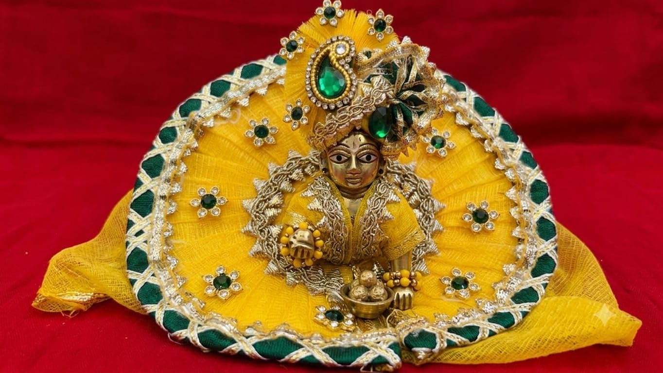 Laddu Gopal Poshak Dress with Pagdi, Yellow & Green Net | Deity Costume Set, Rhinestone Embellished, Zari Border Work, Includes Crown, Festive Pooja Wear-image-48