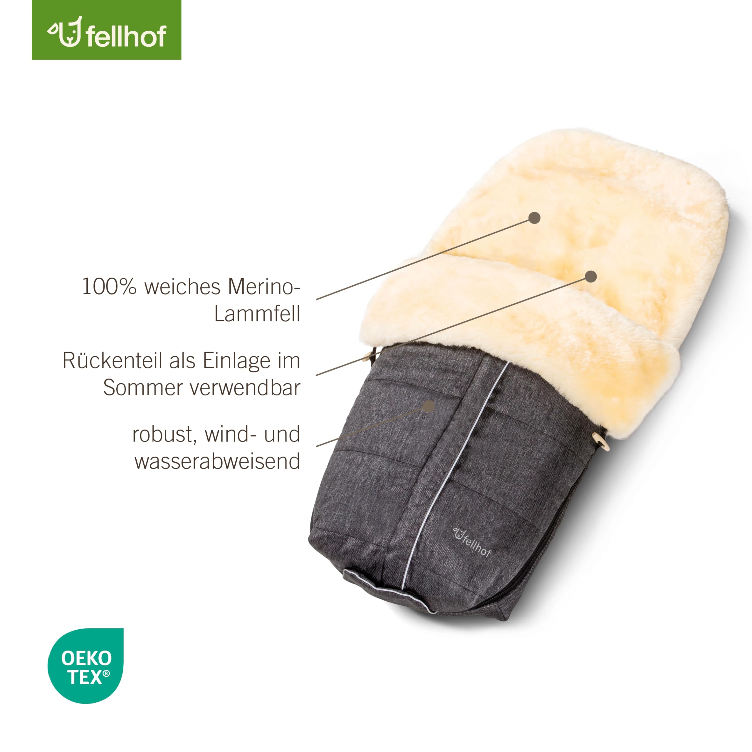Fellhof ASPEN Lammfell Kinderwagen Fußsack | 50x98 cm | Merino-Lammfell | für ergonomische Buggys | wind- und wasserabweisend | graphit-melange (Vorgängermodell)