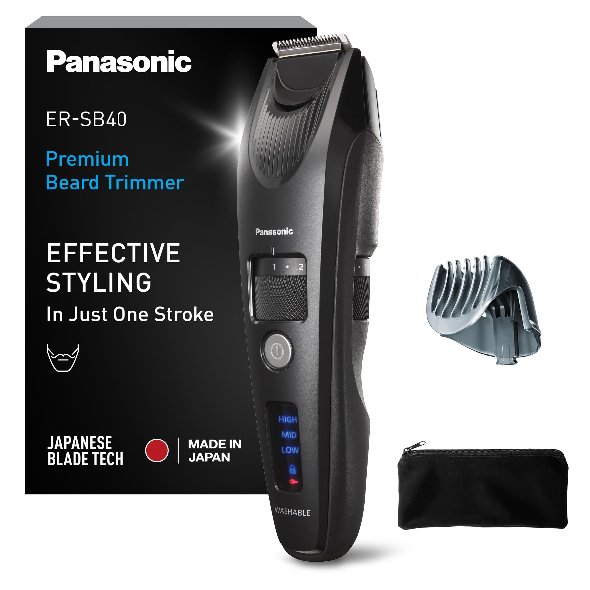 Panasonic ER-SB40-K803 Trimmer de Barba para Hombres, Cortapelos Portátil Resistente Al Agua, 20 ajustes de longitud, Accesorio de Peine, Inalámbrico y con Cable, Indicador de Batería LED, Negro