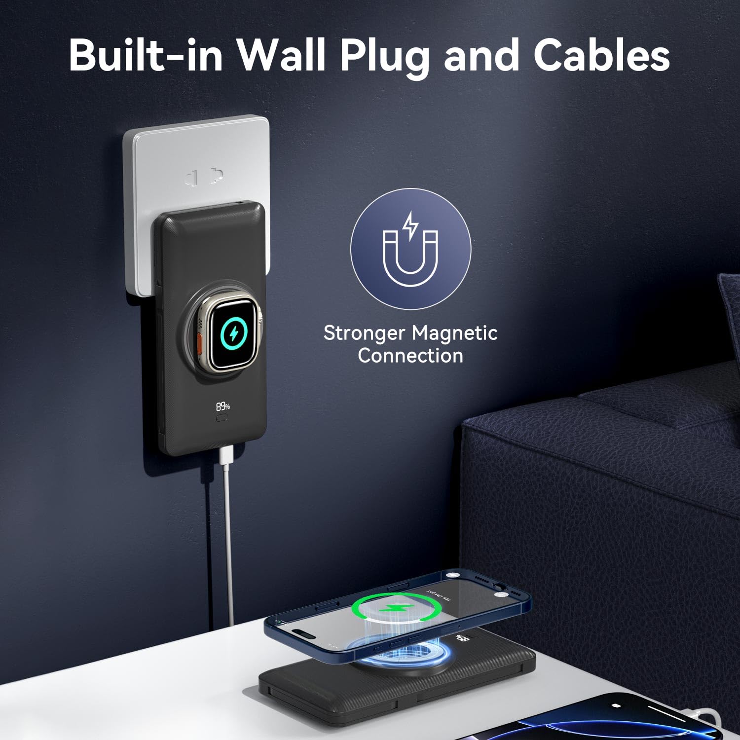 Caricabatterie portatile magnetico da 10000 mAh per iWatch e iPhone, PD ricarica rapida wireless Power Bank cavi integrati e spina a muro, batteria esterna da viaggio compatibile con