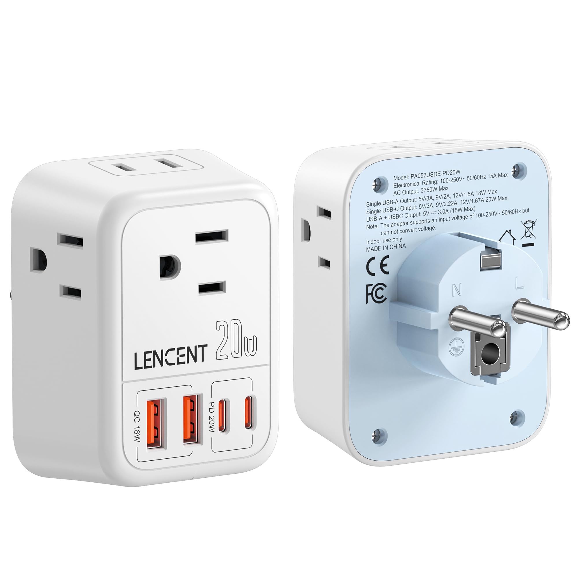 LENCENT 20W Germany France Travel Power Adapter, Type E/F Plug Converter with 4 Outlet, 4 USB Charger(2 Type C) Adaptor, US to EU Spain French German