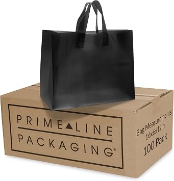 Prime Line Packaging Plastic Shopping Bags, Frosted Gift Bags with Handles for Small Business, Black Totes, Merchandise, Retail, Boutiques, Bulk, 16x6x12, 100 Pack