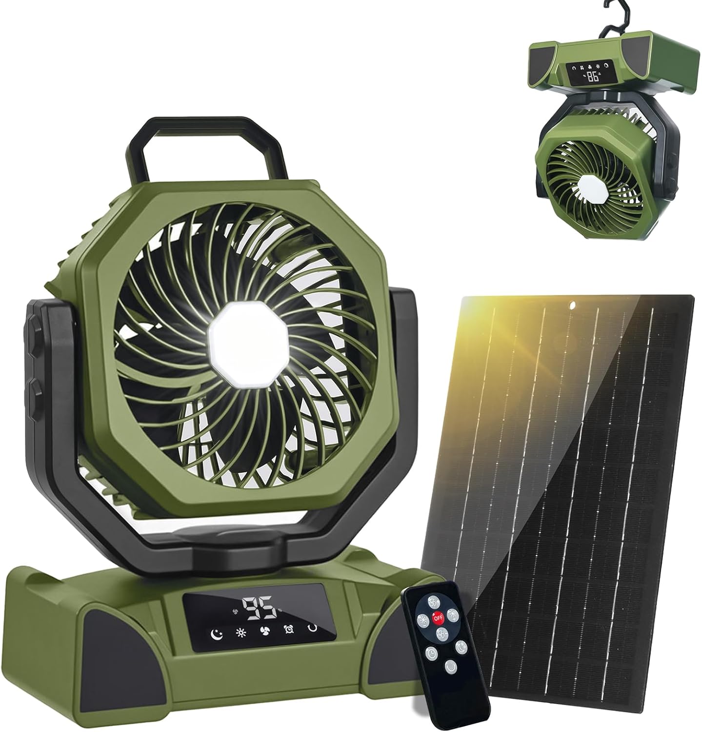Solar Camping Fan, Portable Rechargeable Battery & Solar Powered Fan with 7W Solar Panel, Remote Control, Auto Oscillating, LED Display, Light, Timer for Outdoor Camp, Beach, Travel Tent