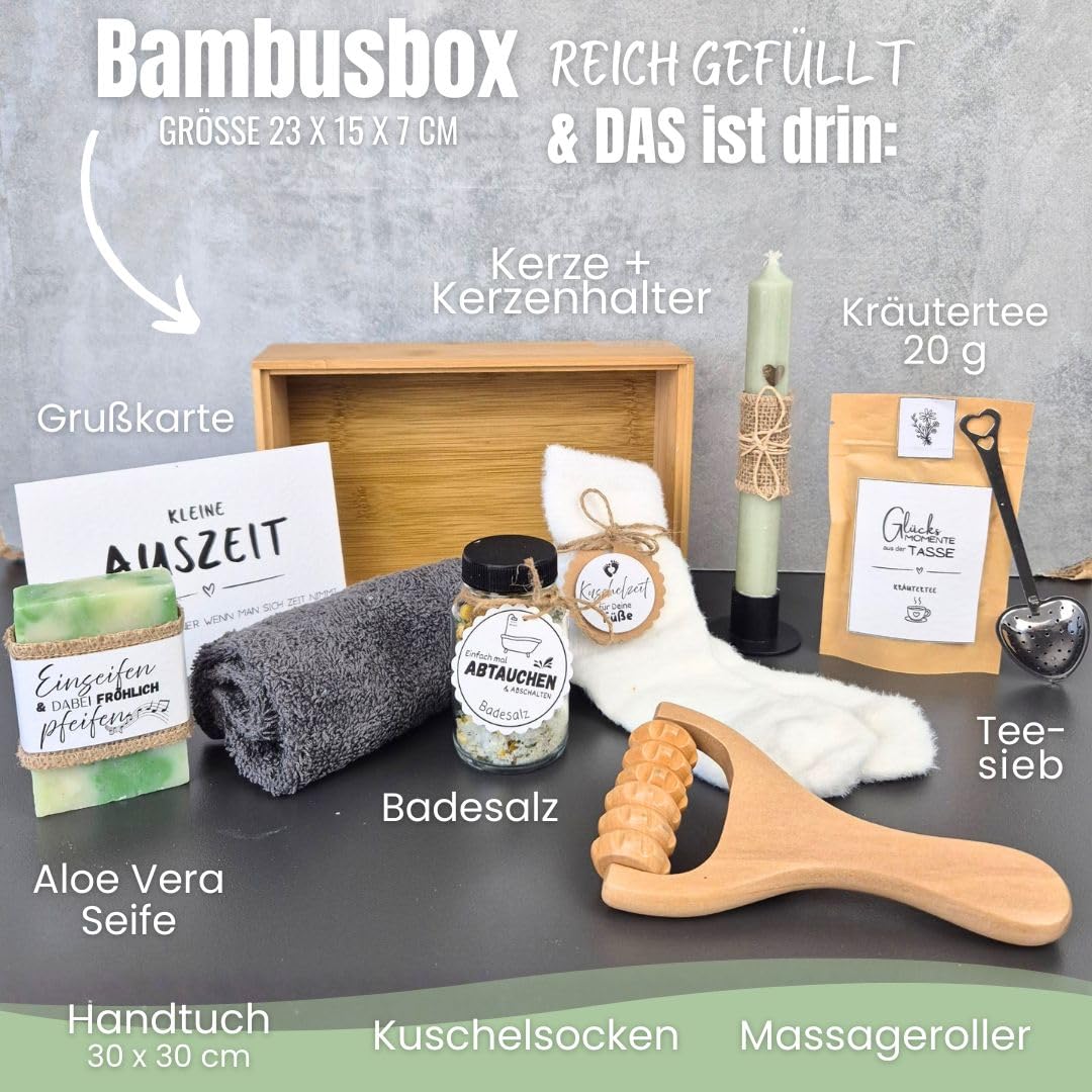 Geschenkset Bambus-Box Frauen Kleine Auszeit | Geschenk Freundin | Entspannung Geschenk | Geschenke für Freundin | Geburtstagsgeschenk Frauen | Geschenkidee | Wellness Set