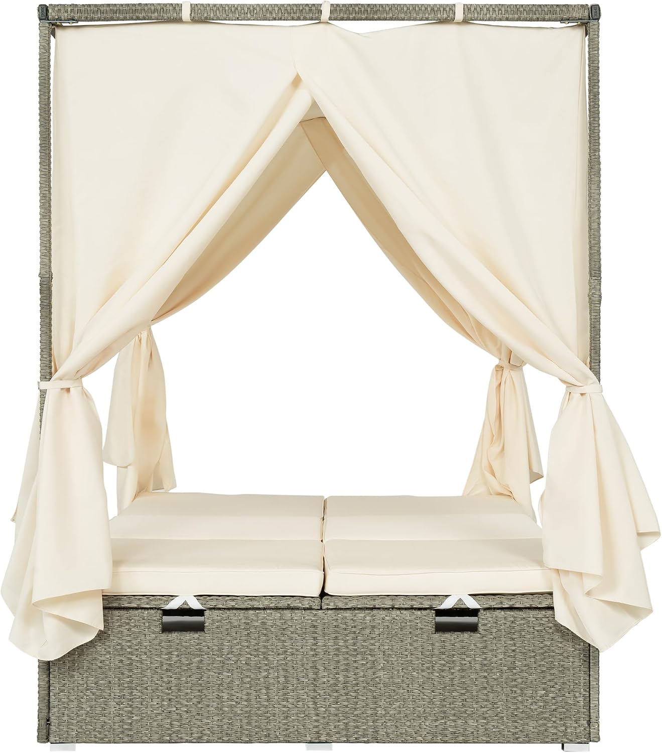 LUMISOL Outdoor Sunbed Daybed with CurtainsCushion, Patio Adjustable Outside Daybed with Retractable Canopy, Rattan Sun Lounger Patio Loveseat Sofa Set