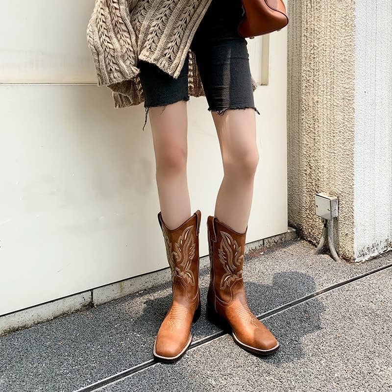 Vertundy Women's Embroidered Cowgirl Boots Block Low Heel Wide Square Toe Pull-on Ladies Comfortable Lightweight Fashion Leather Western Shoes | Image 3