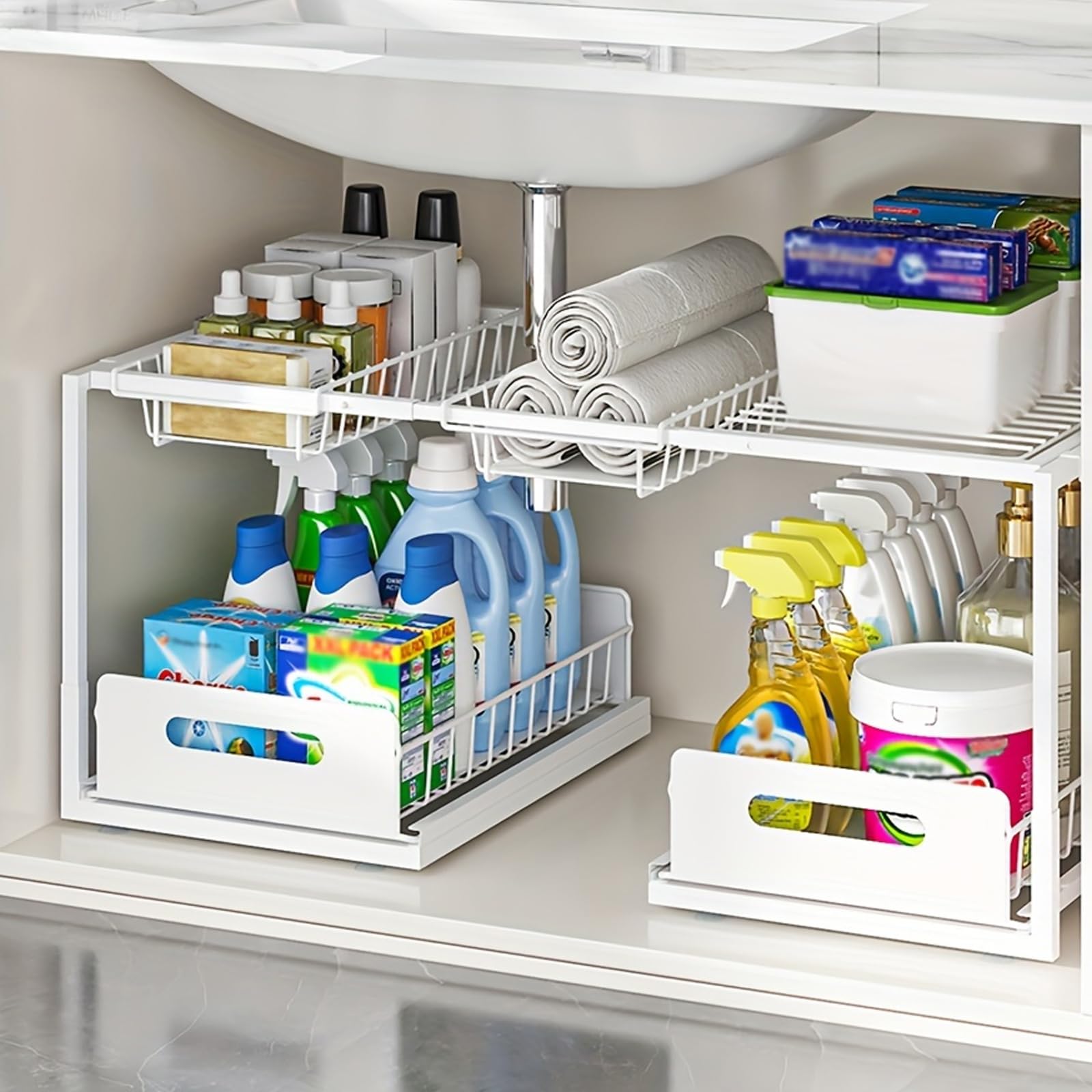Organiseur extensible à 2 niveaux sous évier avec tiroirs coulissants