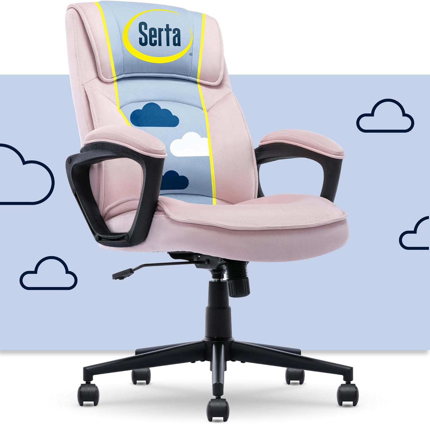 Serta Comfort Classic Executive Office Chair, Ergonomic Mid-Back Computer DeskChair with Lumbar Support, Semi-Plush Cushion and Body Pillows, Padded Armrests, Swivel Base, Pink Velvet Fabric