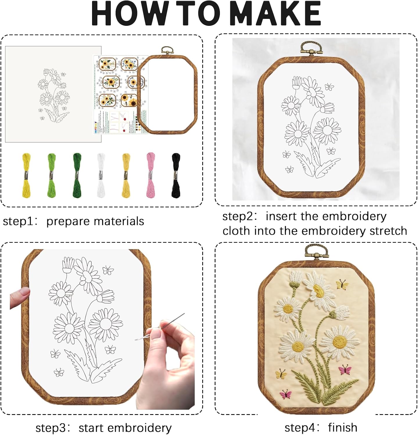 INFUNLY 6 Pack Octagon Daisy Embroidery Starter Kit 7.9×5.9inch Vintage DIY Embroidery Kits for Adults Stamped Needlepoint Set with Step-by-Step Instructions Colorful Threads Craft Lover Gift