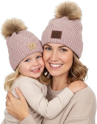 Funky Junque Mommy & Me Pom Beanies Cozy Knit Womens Beanie & Toddler Girl Winter Hat Set Ages 14, Great Set
